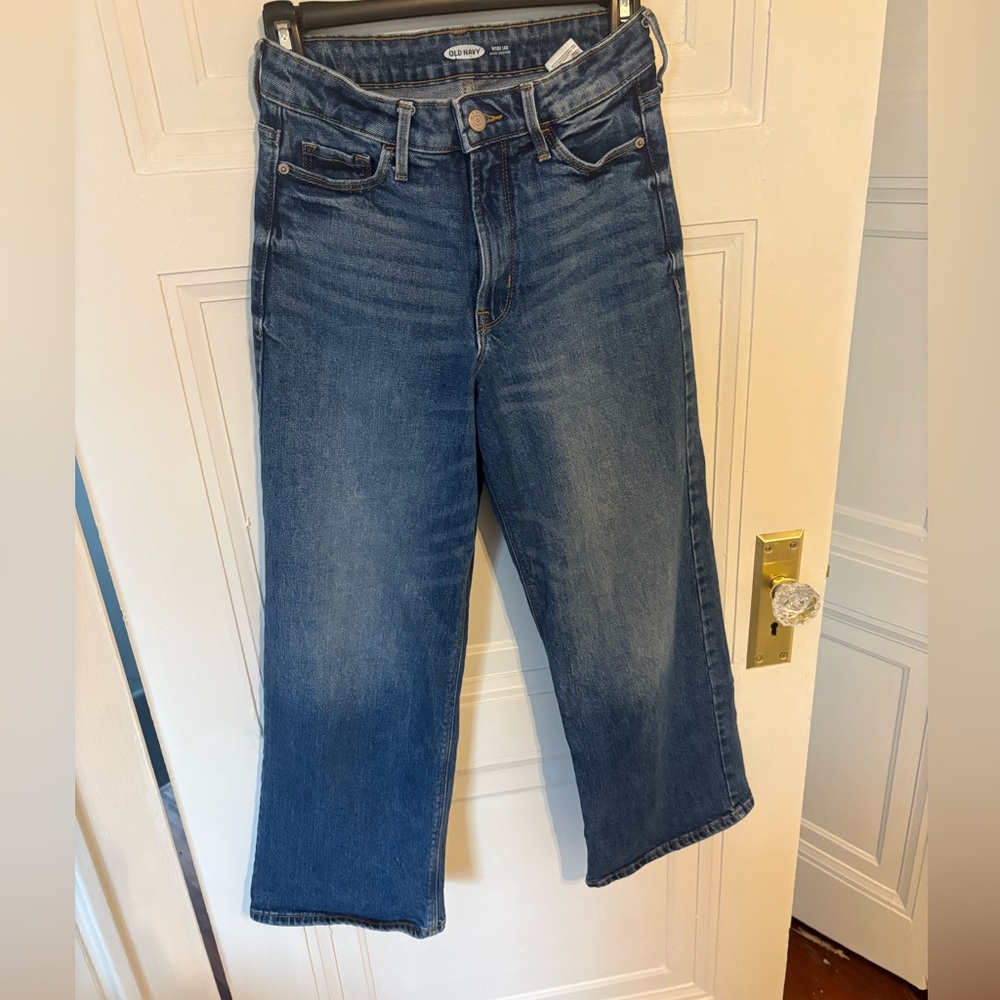 Old Navy Women's Extra High Waisted Wide Leg Cropped Blue Jeans